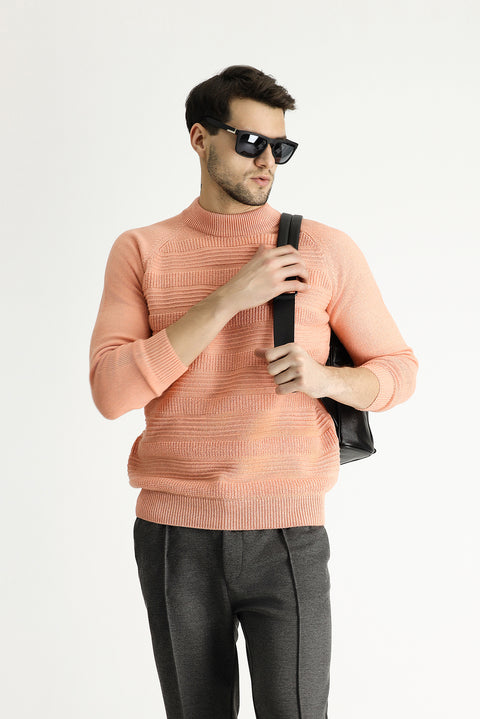 Medium Pink Semi-Turtleneck Slim Fit Narrow Cut Patterned Wool Knit Sweater