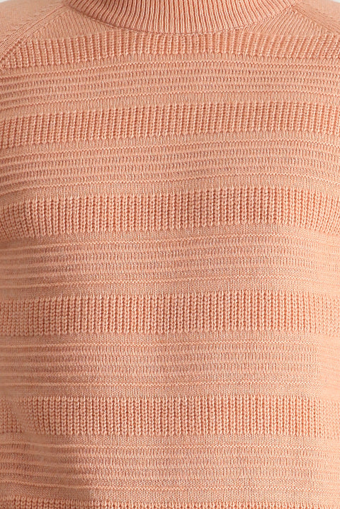 Medium Pink Semi-Turtleneck Slim Fit Narrow Cut Patterned Wool Knit Sweater