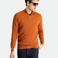 Medium Orange Half Turtleneck Zip-Up Patterned Wool Knit Sweater