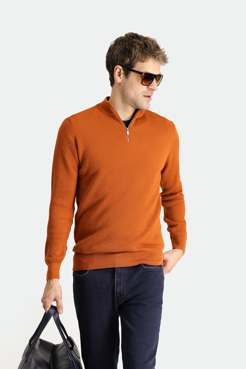 Medium Orange Half Turtleneck Zip-Up Patterned Wool Knit Sweater