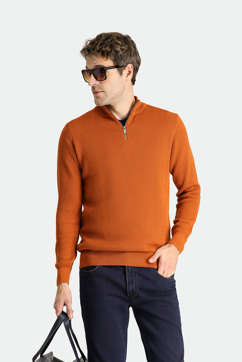 Medium Orange Half Turtleneck Zip-Up Patterned Wool Knit Sweater