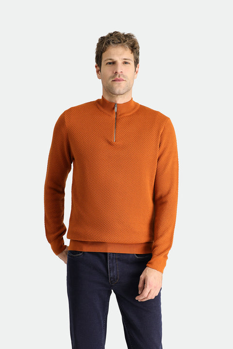 Medium Orange Half Turtleneck Zip-Up Patterned Wool Knit Sweater