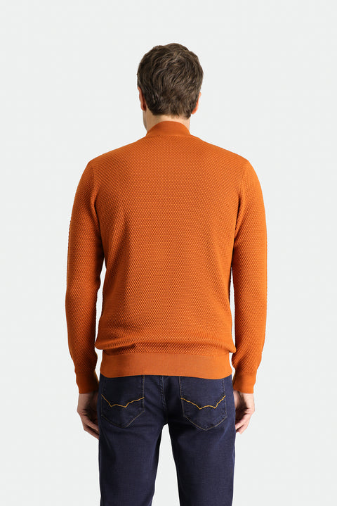 Medium Orange Half Turtleneck Zip-Up Patterned Wool Knit Sweater