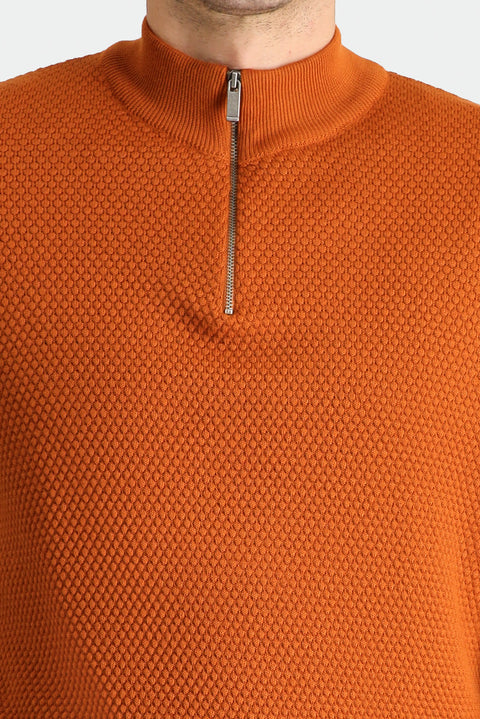 Medium Orange Half Turtleneck Zip-Up Patterned Wool Knit Sweater