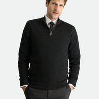 Medium Anthracite Half Turtleneck Zip-Up Patterned Wool Knit Sweater