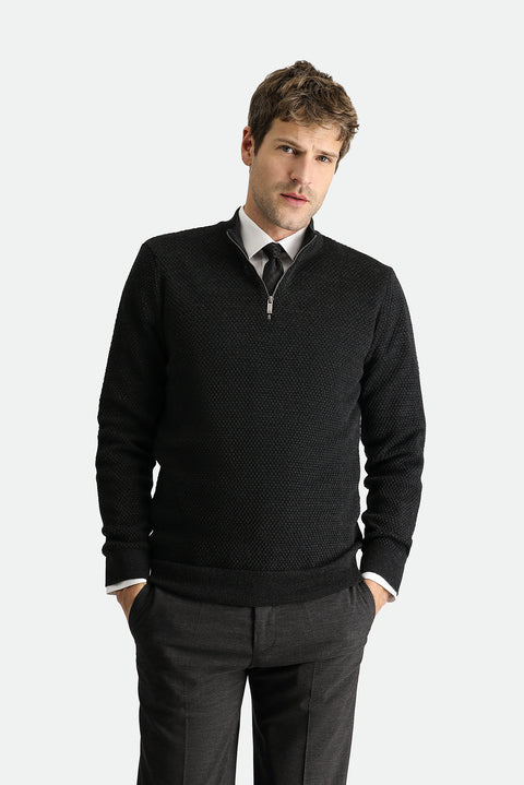 Medium Anthracite Half Turtleneck Zip-Up Patterned Wool Knit Sweater