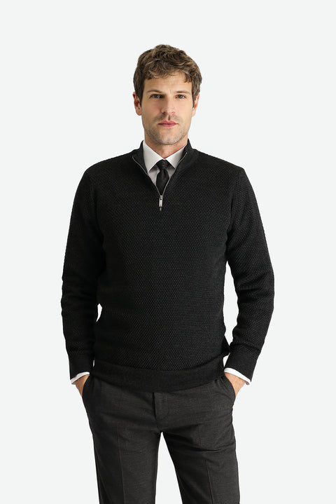 Medium Anthracite Half Turtleneck Zip-Up Patterned Wool Knit Sweater