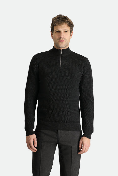 Medium Anthracite Half Turtleneck Zip-Up Patterned Wool Knit Sweater