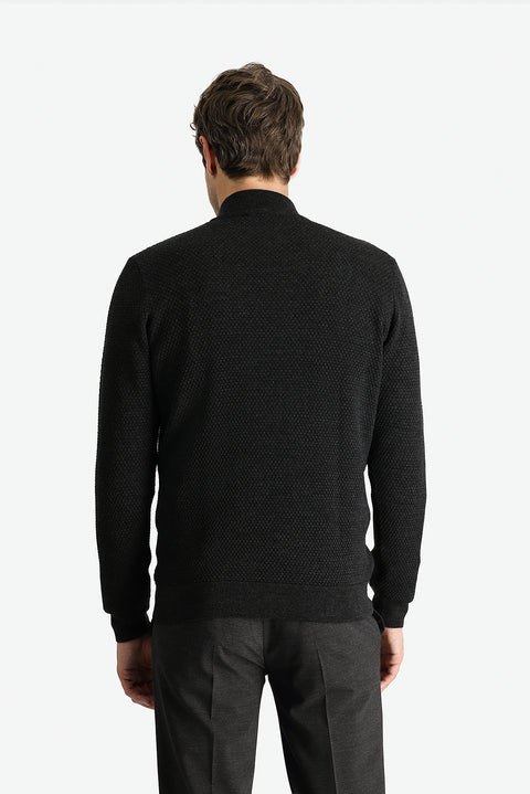 Medium Anthracite Half Turtleneck Zip-Up Patterned Wool Knit Sweater