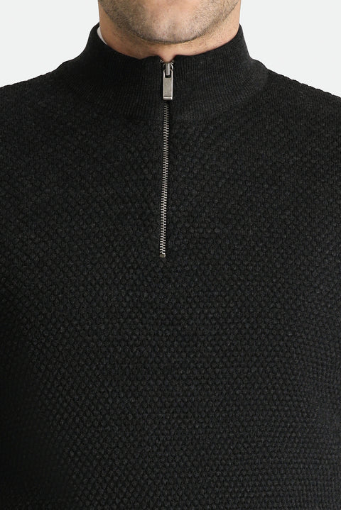 Medium Anthracite Half Turtleneck Zip-Up Patterned Wool Knit Sweater