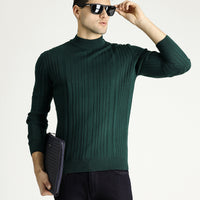 Dark Petrol Half Turtleneck Slim Fit Narrow Cut Patterned Knit Sweater
