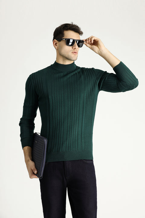 Dark Petrol Half Turtleneck Slim Fit Narrow Cut Patterned Knit Sweater