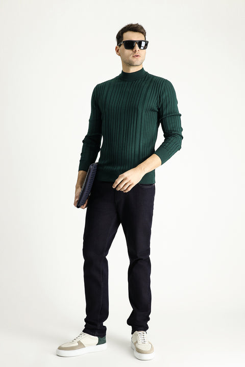 Dark Petrol Half Turtleneck Slim Fit Narrow Cut Patterned Knit Sweater
