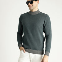 Medium Grey Semi-Turtleneck Slim Fit Narrow Cut Patterned Knit Sweater