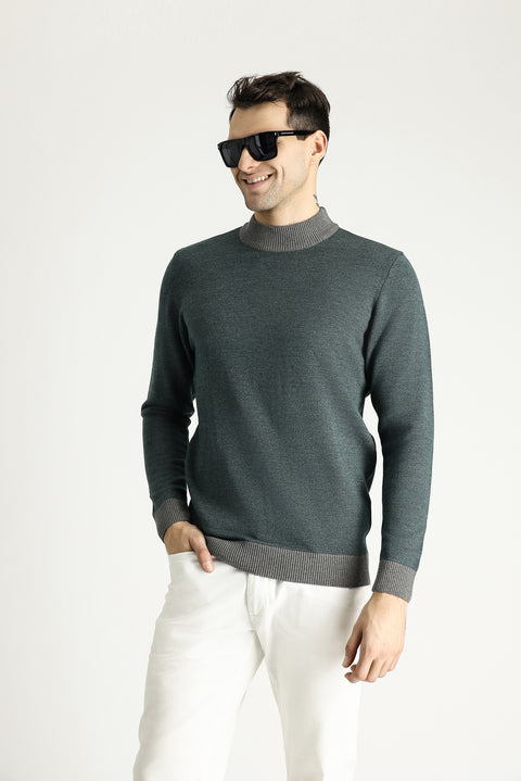 Medium Grey Semi-Turtleneck Slim Fit Narrow Cut Patterned Knit Sweater
