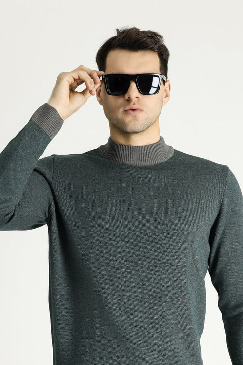Medium Grey Semi-Turtleneck Slim Fit Narrow Cut Patterned Knit Sweater