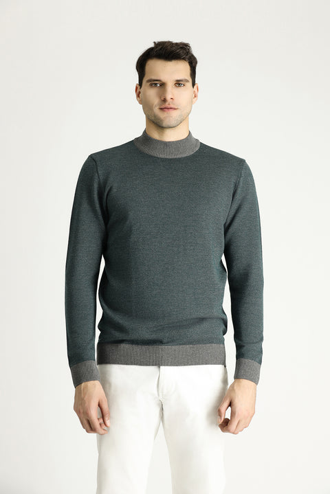 Medium Grey Semi-Turtleneck Slim Fit Narrow Cut Patterned Knit Sweater