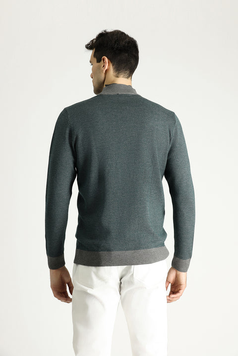 Medium Grey Semi-Turtleneck Slim Fit Narrow Cut Patterned Knit Sweater