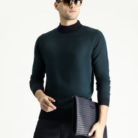 Dark Navy Semi-Turtleneck Slim Fit Narrow Cut Patterned Knit Sweater