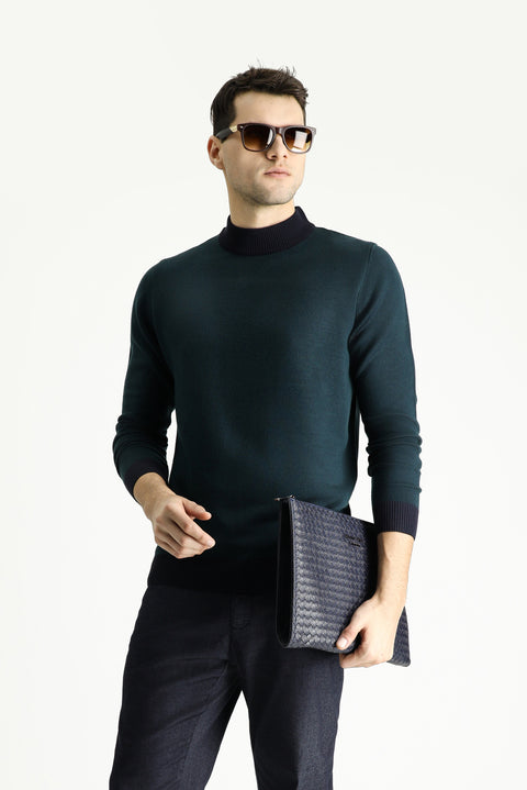 Dark Navy Semi-Turtleneck Slim Fit Narrow Cut Patterned Knit Sweater