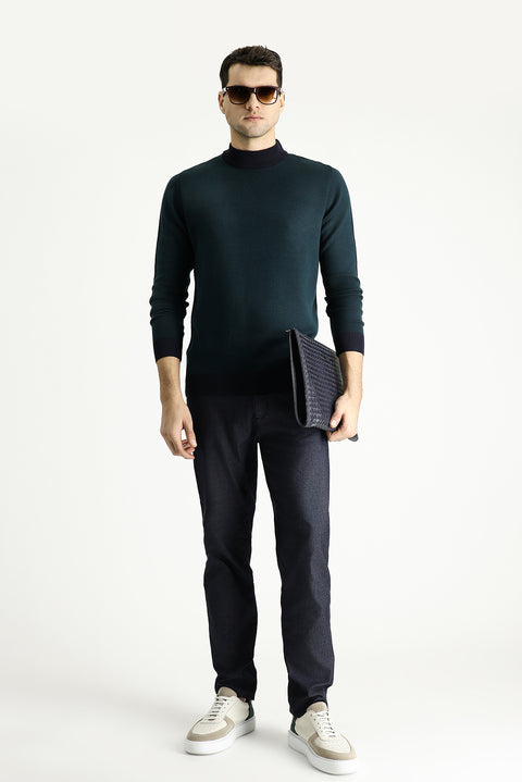 Dark Navy Semi-Turtleneck Slim Fit Narrow Cut Patterned Knit Sweater