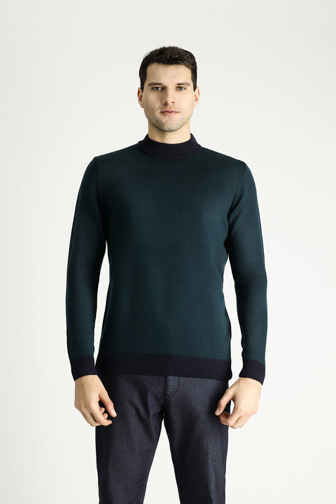 Dark Navy Semi-Turtleneck Slim Fit Narrow Cut Patterned Knit Sweater