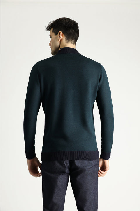 Dark Navy Semi-Turtleneck Slim Fit Narrow Cut Patterned Knit Sweater