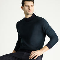 Dark Navy Semi-Turtleneck Slim Fit Patterned Knit Sweater