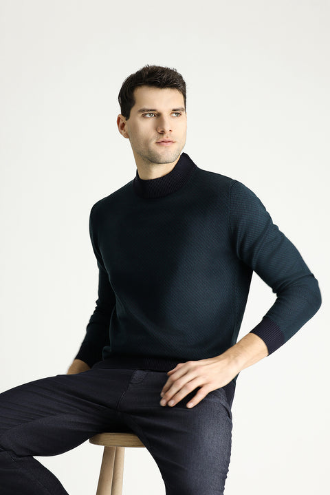 Dark Navy Semi-Turtleneck Slim Fit Patterned Knit Sweater