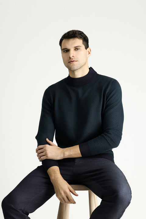 Dark Navy Semi-Turtleneck Slim Fit Patterned Knit Sweater