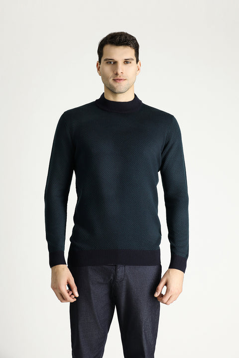 Dark Navy Semi-Turtleneck Slim Fit Patterned Knit Sweater
