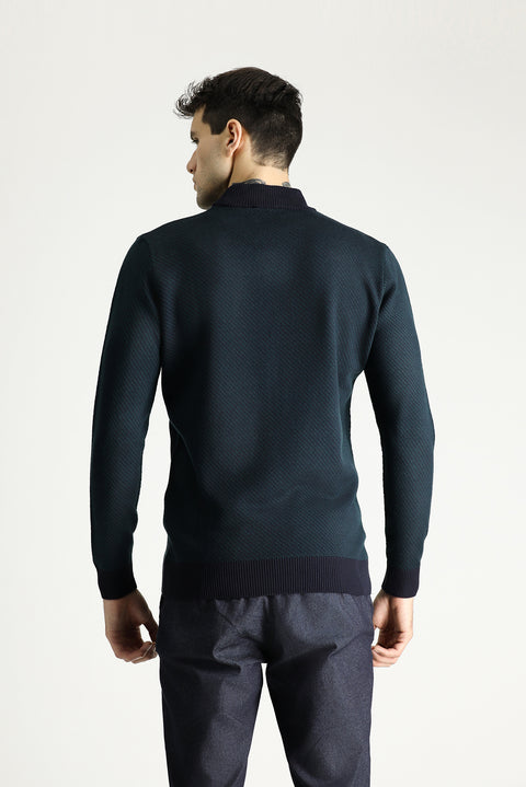 Dark Navy Semi-Turtleneck Slim Fit Patterned Knit Sweater