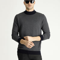 Dark Navy Semi-Turtleneck Slim Fit Narrow Cut Patterned Knit Sweater