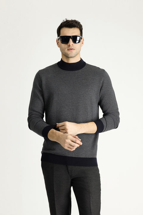Dark Navy Semi-Turtleneck Slim Fit Narrow Cut Patterned Knit Sweater