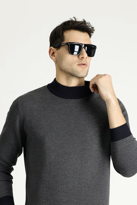 Dark Navy Semi-Turtleneck Slim Fit Narrow Cut Patterned Knit Sweater