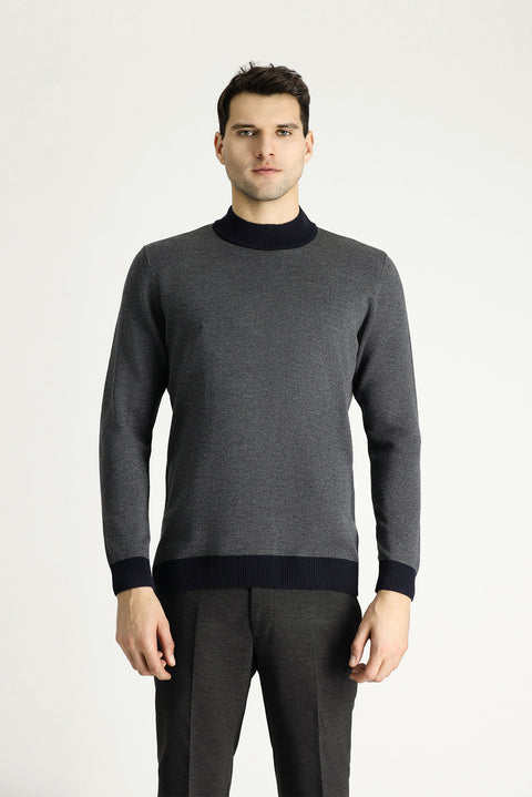 Dark Navy Semi-Turtleneck Slim Fit Narrow Cut Patterned Knit Sweater