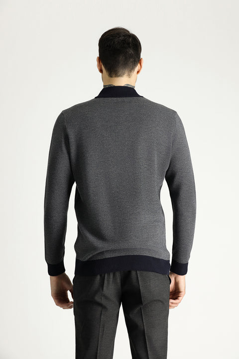 Dark Navy Semi-Turtleneck Slim Fit Narrow Cut Patterned Knit Sweater
