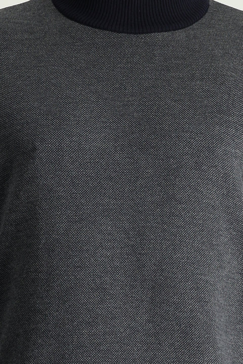 Dark Navy Semi-Turtleneck Slim Fit Narrow Cut Patterned Knit Sweater
