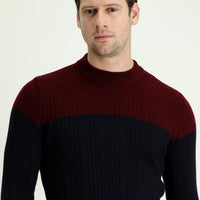 Dark Navy Semi-Turtleneck Slim Fit Narrow Cut Patterned Knit Sweater