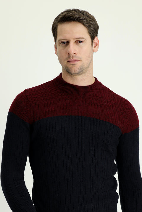 Dark Navy Semi-Turtleneck Slim Fit Narrow Cut Patterned Knit Sweater