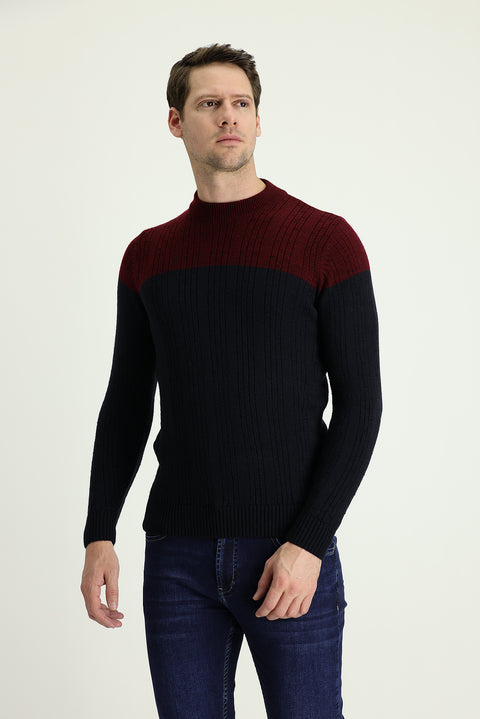 Dark Navy Semi-Turtleneck Slim Fit Narrow Cut Patterned Knit Sweater
