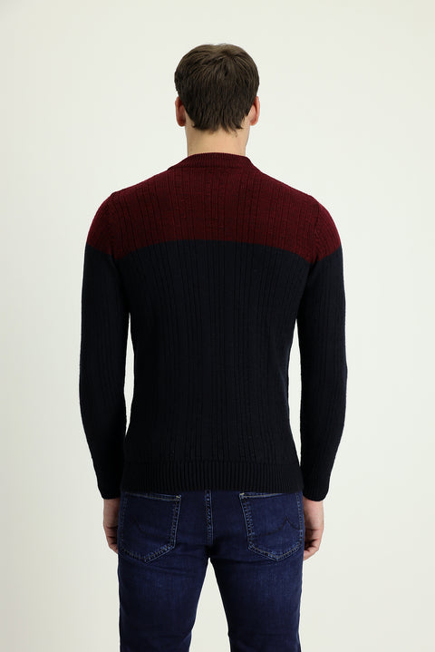 Dark Navy Semi-Turtleneck Slim Fit Narrow Cut Patterned Knit Sweater