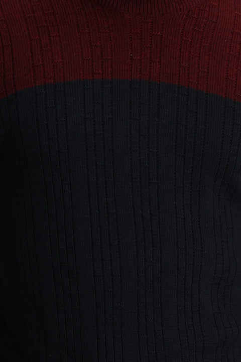 Dark Navy Semi-Turtleneck Slim Fit Narrow Cut Patterned Knit Sweater