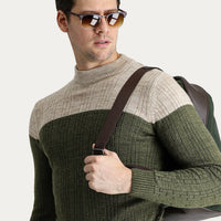 Medium Khaki Semi-Turtleneck Slim Fit Narrow Cut Patterned Knit Sweater