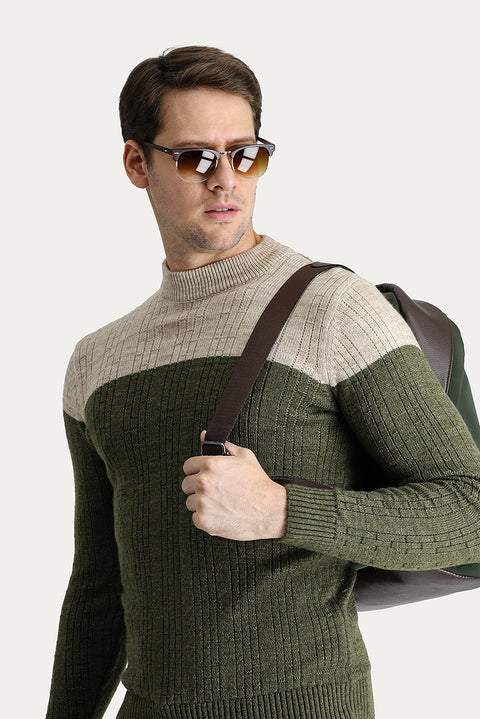 Medium Khaki Semi-Turtleneck Slim Fit Narrow Cut Patterned Knit Sweater