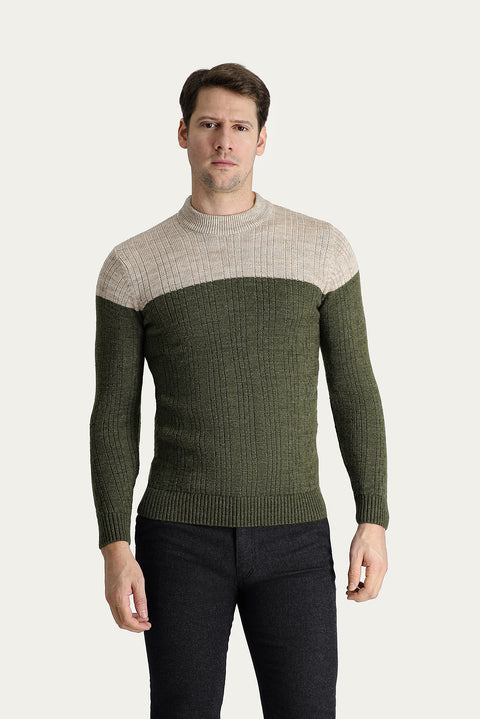 Medium Khaki Semi-Turtleneck Slim Fit Narrow Cut Patterned Knit Sweater