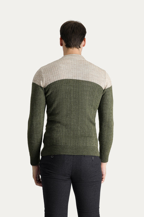 Medium Khaki Semi-Turtleneck Slim Fit Narrow Cut Patterned Knit Sweater