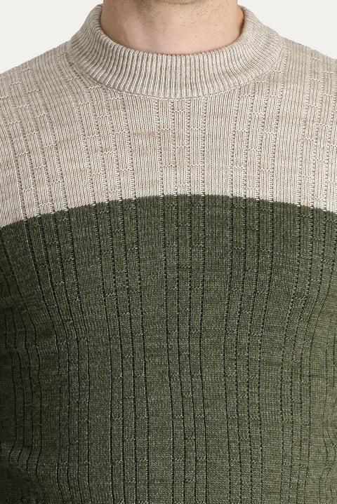 Medium Khaki Semi-Turtleneck Slim Fit Narrow Cut Patterned Knit Sweater
