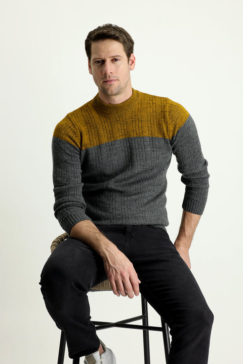 Dark Anthracite Semi-Turtleneck Slim Fit Narrow Cut Patterned Knit Sweater