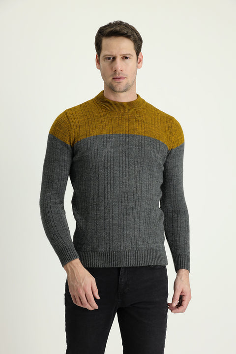 Dark Anthracite Semi-Turtleneck Slim Fit Narrow Cut Patterned Knit Sweater